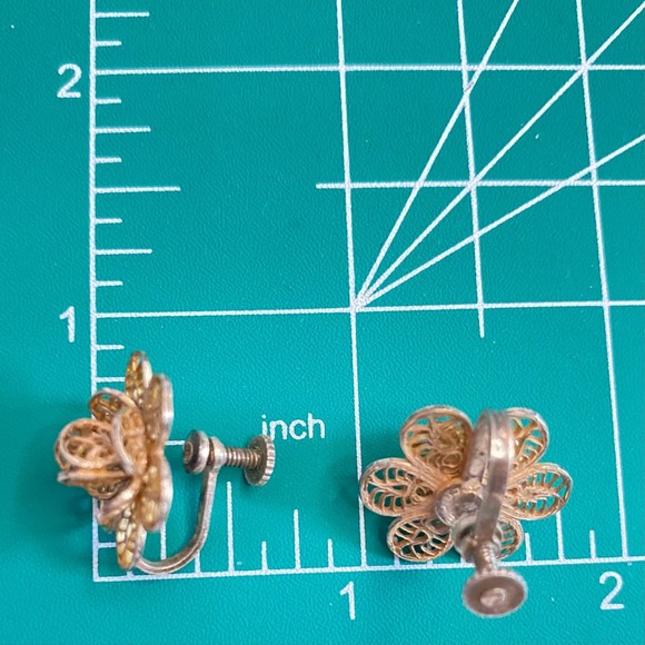 Mexico Sterling Earrings Vintage Flower Filagree Screw Back - Picture 11 of 11